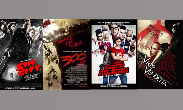 Sin City, 300, Scott Pilgrim vs. the World, and V for Vendetta posters