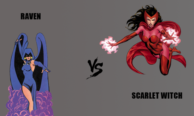 Comic book superhero Raven vs. comic book supervillain Scarlet Witch