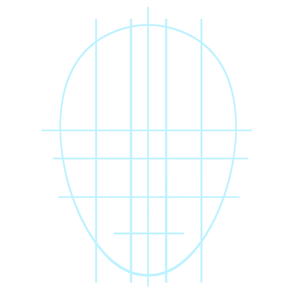 Illustration of the basic head shape with guidelines that mark the position for the nose and the mouth. Image used in the blog post “How To Draw A Face.”