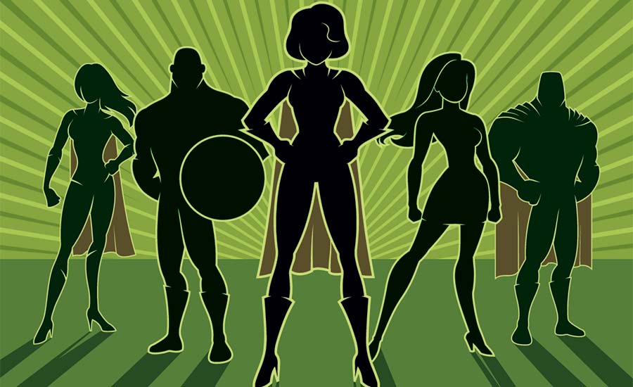 Illustration showing silhouettes of superheroes.