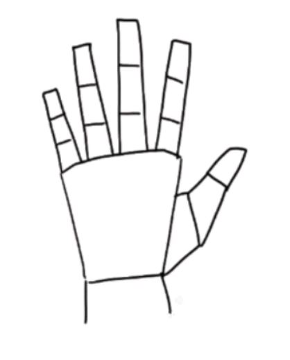Completed illustration that demonstrates how to draw hands with a downward-facing open palm.