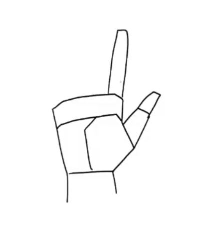 The next step in learning how to draw hands is adding a pointer finger outline to the palm and the thumb.