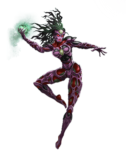 Syrinx, a female BioWarrior and a Natural Killer Cell in the BioWars comic book. She wears an intimidating mask that partly hugs her face while another part of it flows like wild green hair in the air.