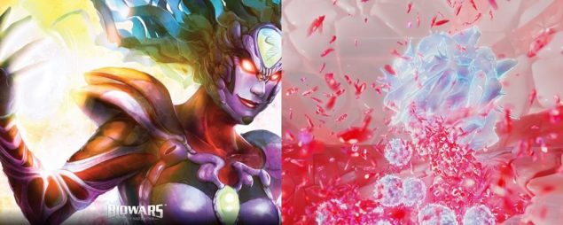Syrinx, a BioWarrior and a natural killer cell in the BioCosmos, stands next to the real-life natural killer cell.