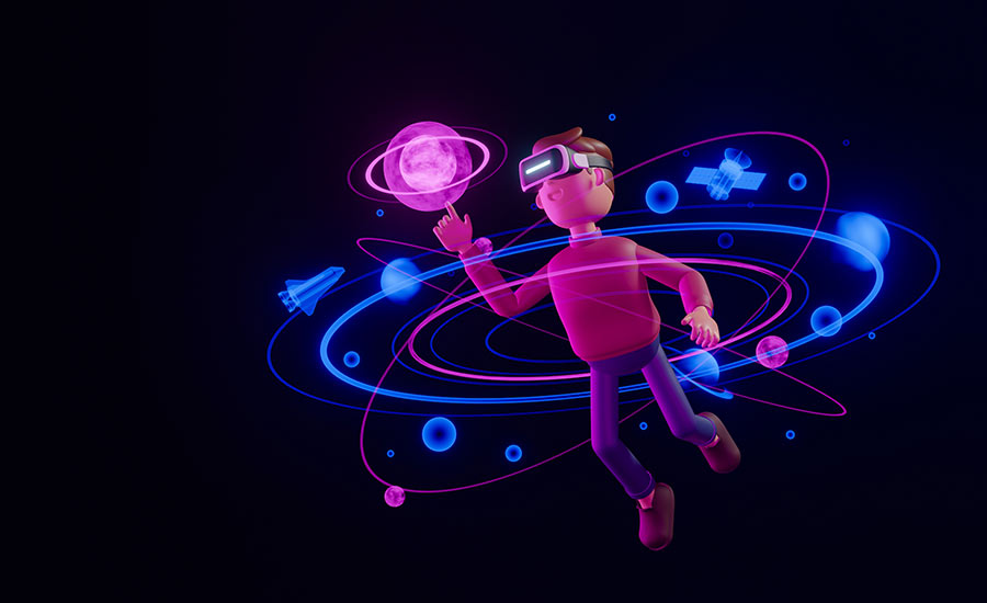 An image showing a 3D illustration of a man with a VR head set on, floating through virtual space. 