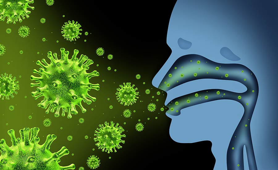 Stock image showing viruses entering a person’s respiratory tract.