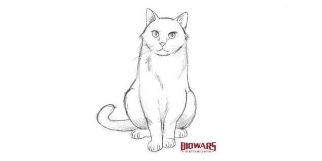 Illustration showing the finished drawing of a cat with the BioWars logo on it. Image used in the “How To Draw A Cat” blog post.