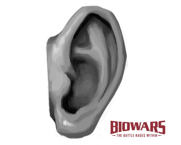 Custom illustration showing what the finished ear drawing looks like with the BioWars logo next to it. Image used in the “How To Draw Ears In 8 Steps” blog post.