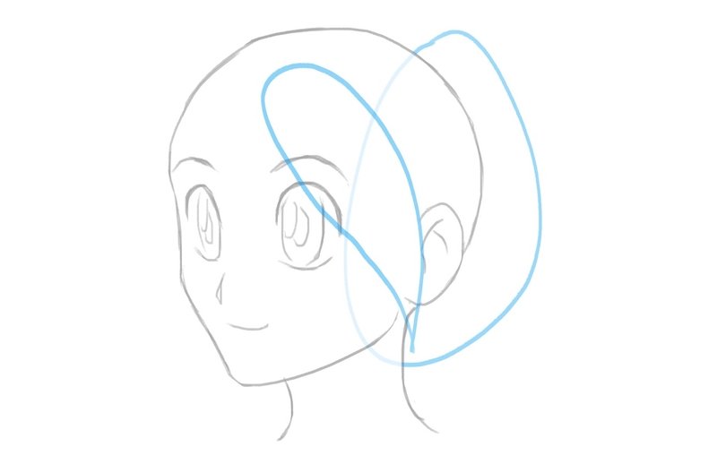 The outline of the bangs on the left side of the female anime character’s face.