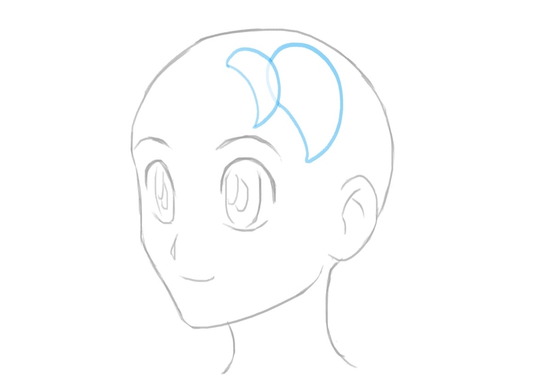 The second part of the bangs outline added to the top of the female anime character's head.​