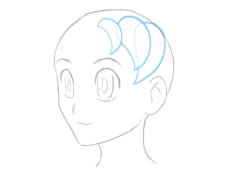 The third part of the bangs outline added to the top of the female anime character’s head.​