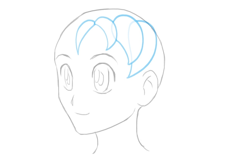 The fourth part of the bangs outline added to right side of the female anime character's head.​