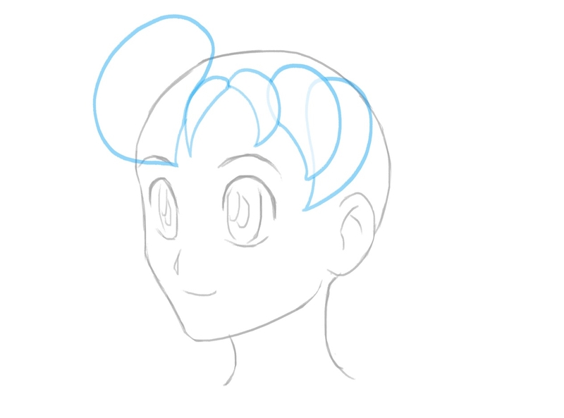 The fifth part of the bangs outline added to right side of the female anime character’s head.​