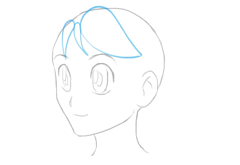 An anime character’s head with the third part of the bangs drawn on it.​