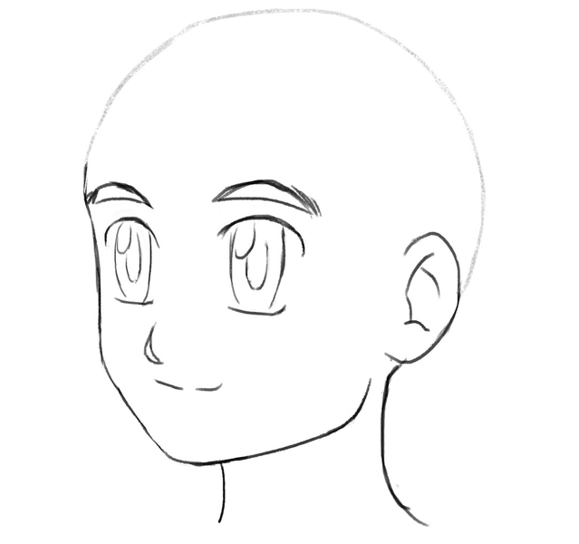 A drawing of a male head used as the base for the medium long male anime hair drawing.​