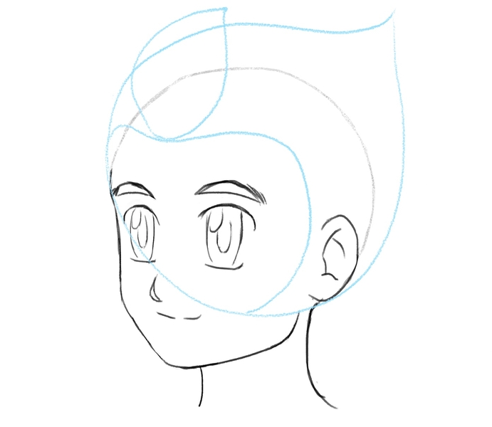 The spiky hair outline with the hairline and the first strand of hair added to the sketch. ​