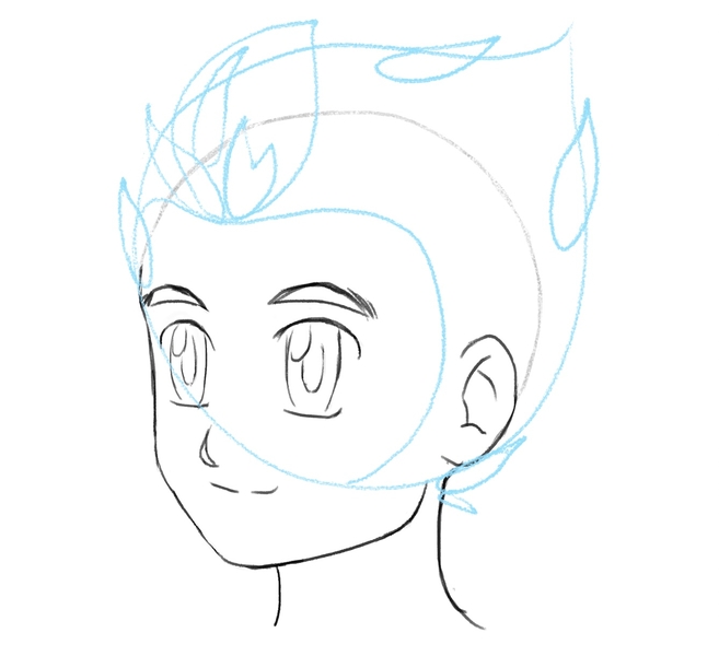 More spikes are added to the hairline at the front and the back of the anime boy’s hair. ​