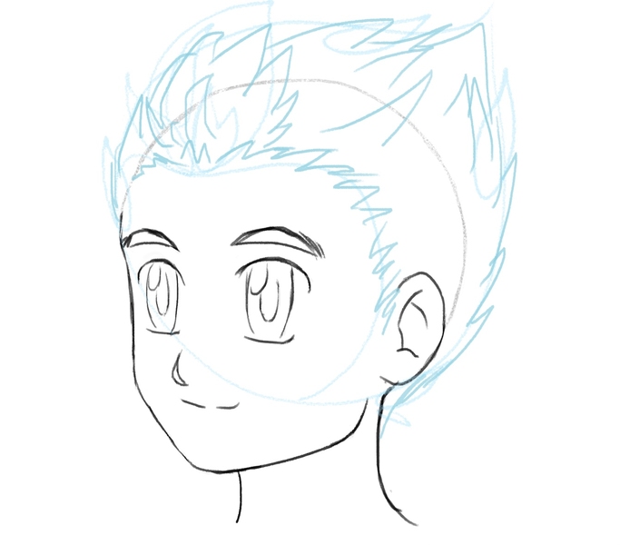 More spikes added all over the anime boy’s hair. The borders between the hair and the points are erased so it all appears cohesive. 