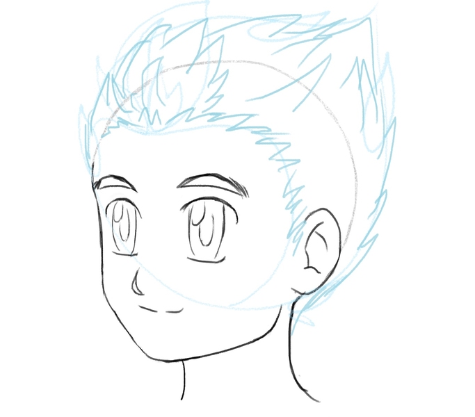 More spikes added all over the anime boy's hair. The borders between the hair and the points are erased so it all appears cohesive. 