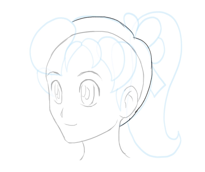 The illustration of a female anime character with contoured line next to the hair tie.