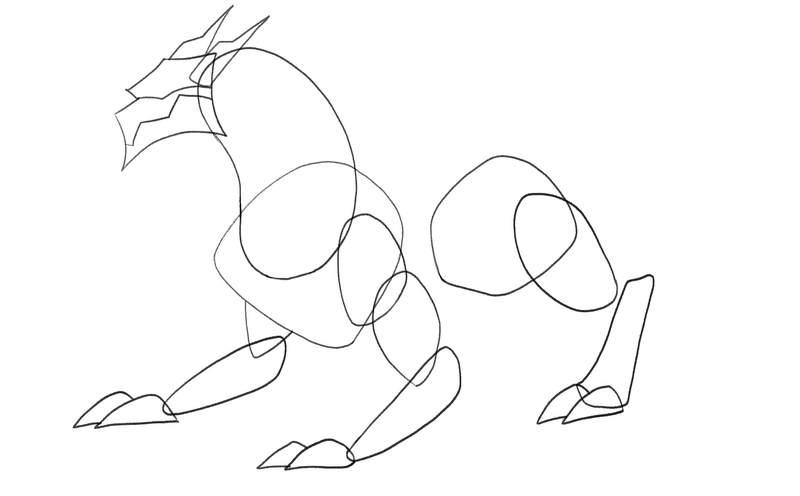 The outline of the dragon’s back left foot is attached to the shin. 