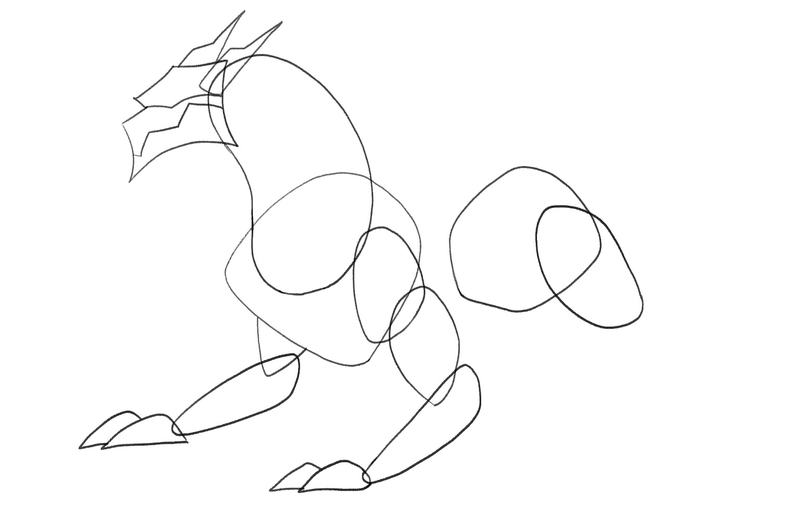 The outline of the dragon’s back left thigh is added to the sketch. 