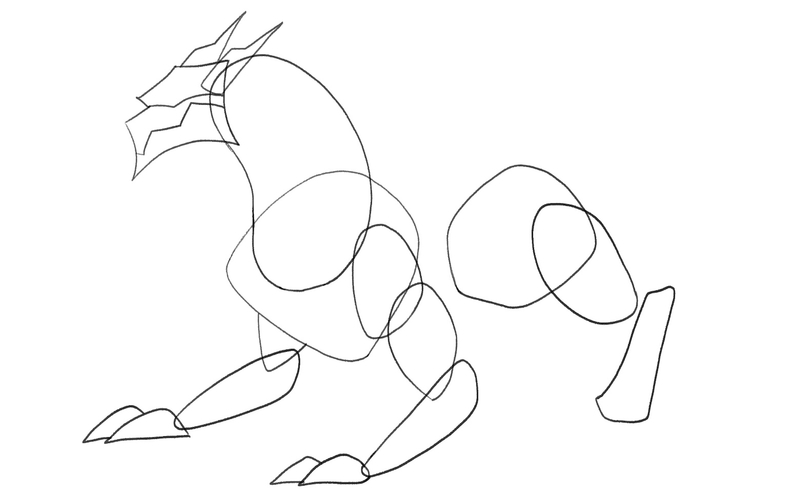 The outline of the dragon’s back left shin is added to the sketch. 