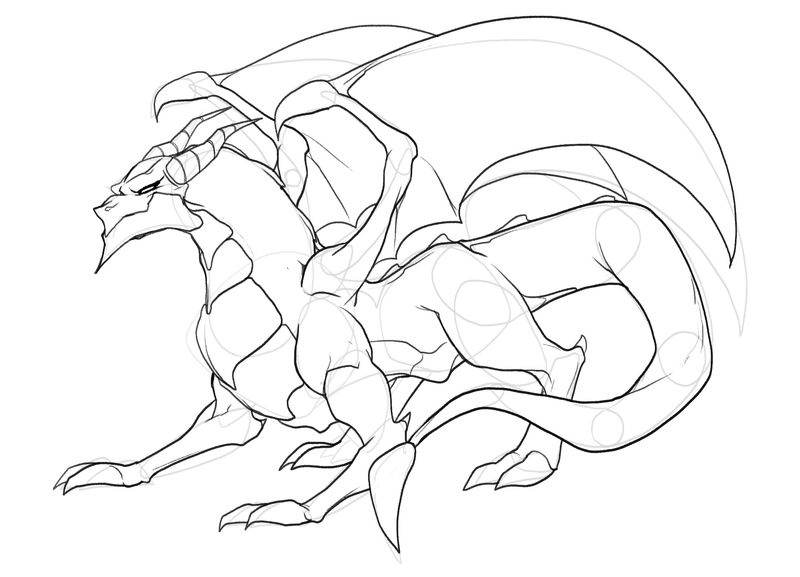 The sketch of the dragon’s body with finishing details added to it.