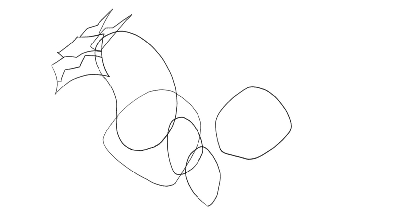 The dragon’s front left leg outline has an oval shape and is almost as big as the chest outline.