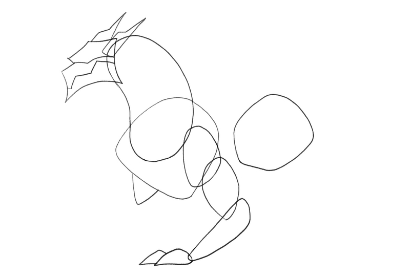 The dragon’s front right arm outline resembles a triangle and is attached to the dragon’s chest.