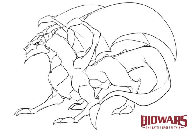 Finished illustration of a dragon with the BioWars logo placed next to it. Image used in the “How To Draw A Dragon” blog post.