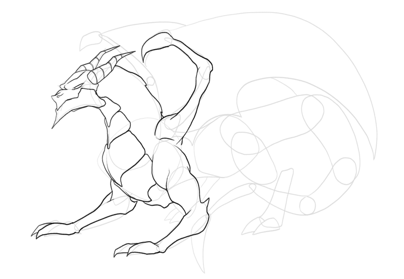 The contour of the part of the dragon’s left wing between the shoulder and the claw. 