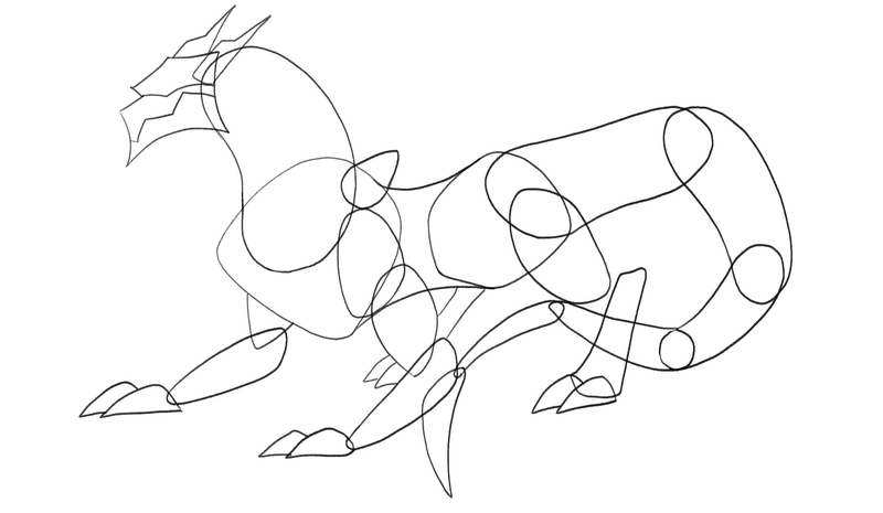 A teardrop shape is added to the sketch. It represents the root of the dragon’s wings. 