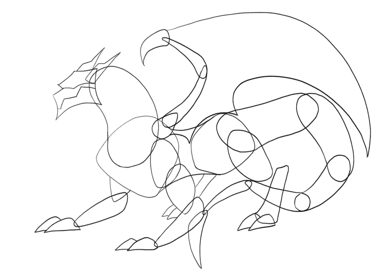The completed outline of the dragon’s left wing. 
