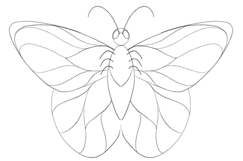 Six thin, curved lines are attached to the thorax, depicting the butterfly’s legs.
