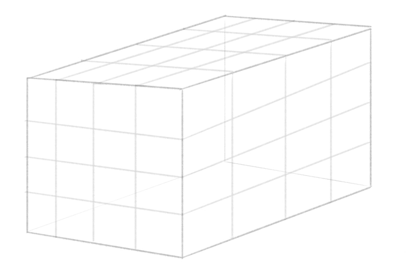 The large square prism is divided into smaller square prisms, forming the base for the car drawing.