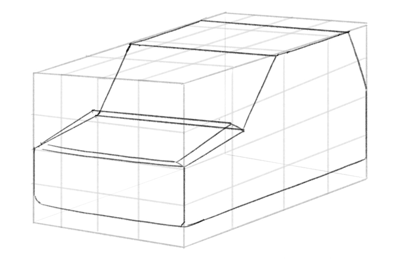 A rectangle is drawn above the hood and attached to it to make the hood look 3D.