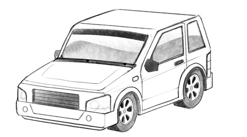 Parts of the car such as the tires, windshield, and windows are shaded, which gives the sketch more dimension.