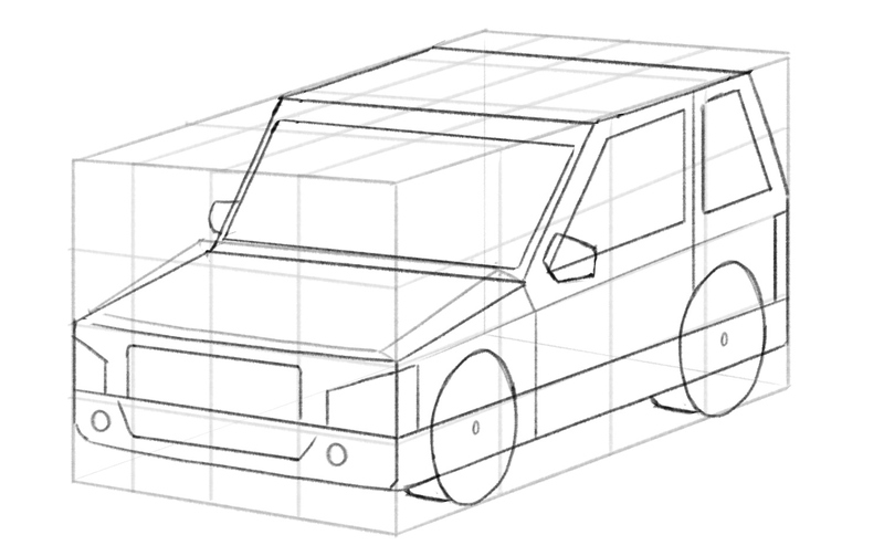 Dimension is added to the tires with two lines that connect them to the rest of the car.