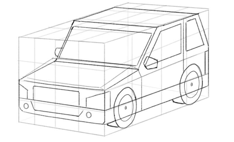 Dimension is added to the tires with two lines that connect them to the rest of the car.