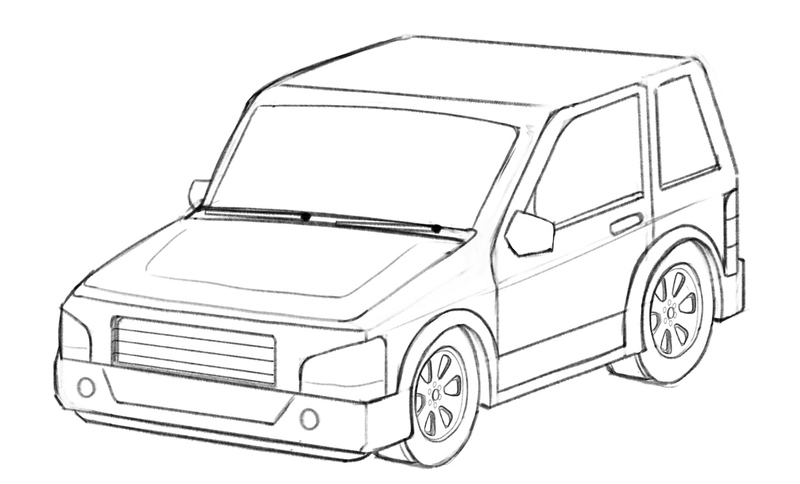 The windshield wipers and rims are added to the car drawing.