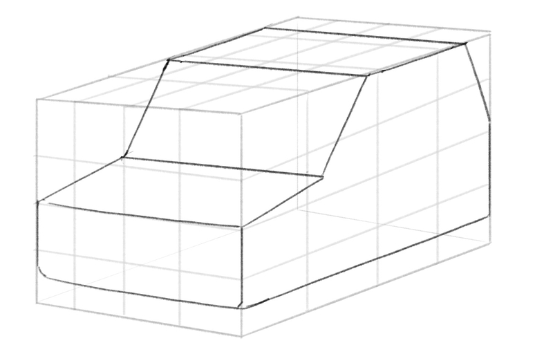 The basic car outline is drawn using the squares and rectangles to properly position the car parts. 