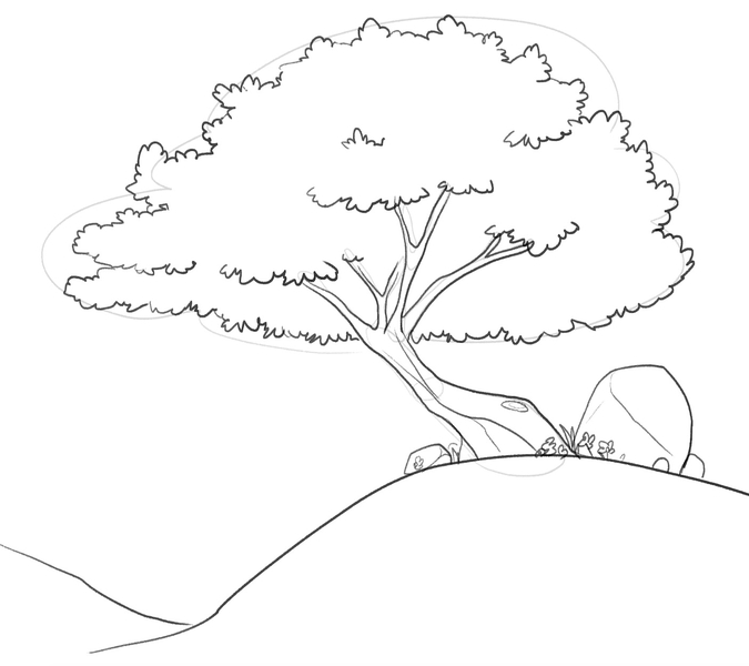 Adding details to the landscape surrounding the tree enriches the drawing. 