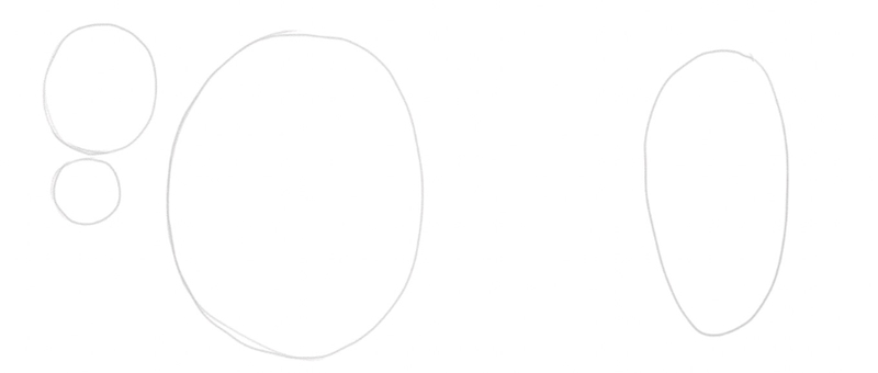 A drawing of two circles one below the other with a large circle next to them and an oval shape on the right.​