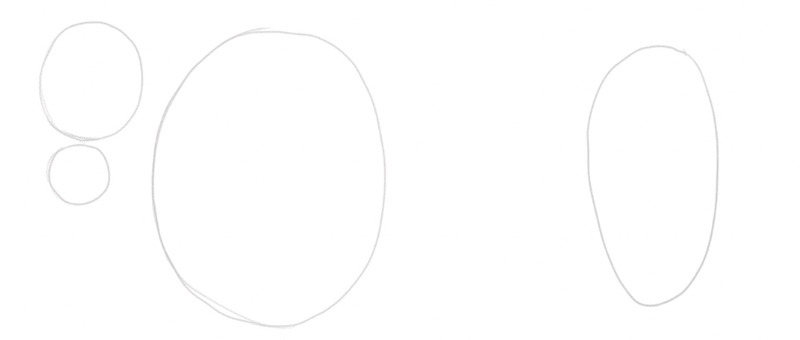 A drawing of two circles one below the other with a large circle next to them and an oval shape on the right.