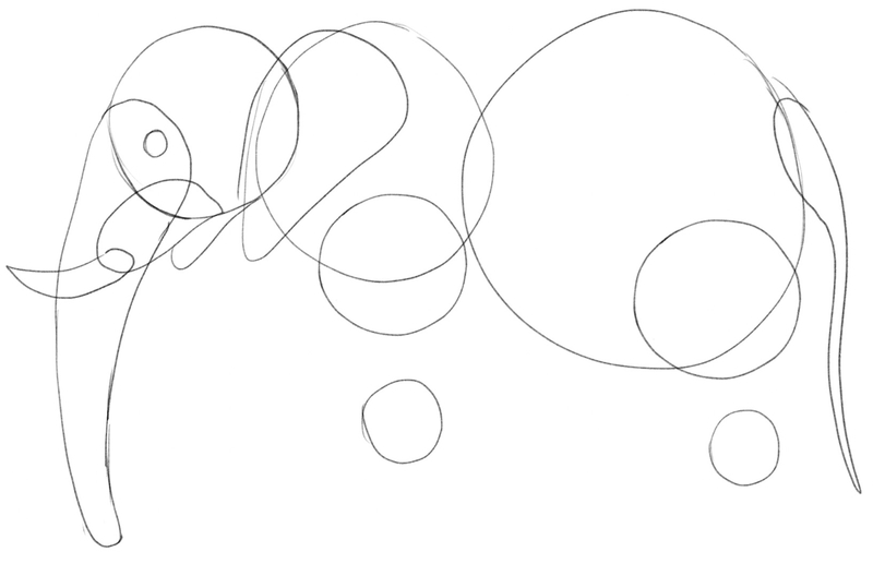 The elephant’s ear and tail are added to the sketch.