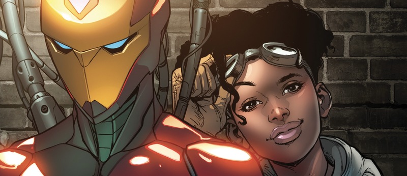 Riri Williams next to her suit armor.