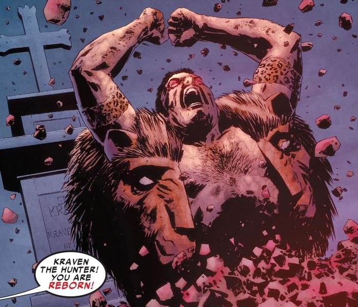 Kraven the Hunter with open mouth and raised arms.​