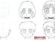 Finished drawings of anime boy's and anime girl's faces.