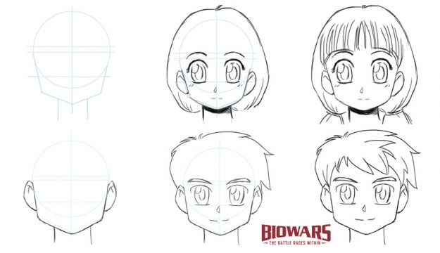 Finished drawings of anime boy's and anime girl's faces.